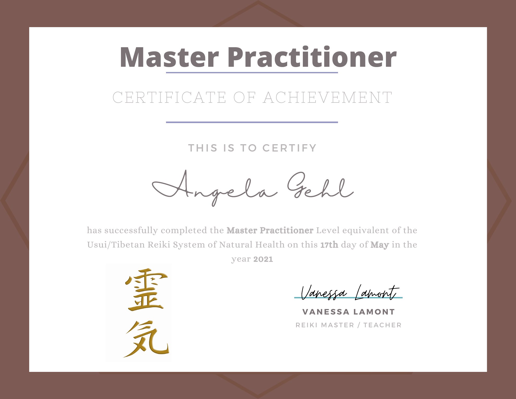 Angela Gehl — Reiki Master Practitioner certification